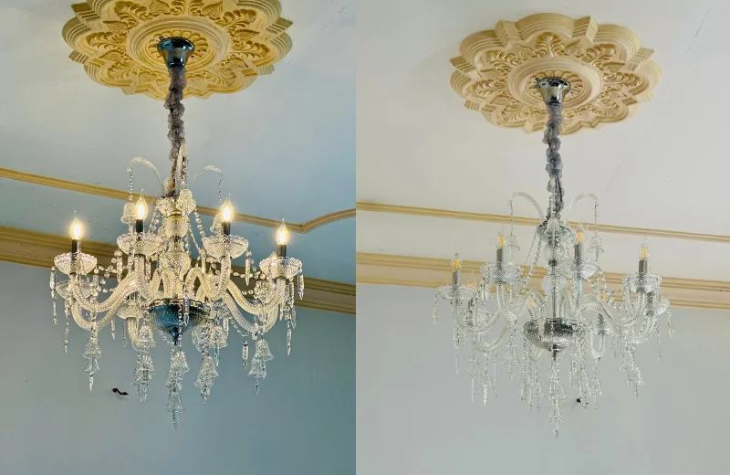 Ảnh cận Đèn Chùm Pha Lê DC9146T8 lúc bật và tắt đèn