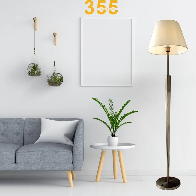 Đèn Đứng DD07 thân inox lục giác độc đáo, chao vải trắng hình nón, thiết kế hiện đại
