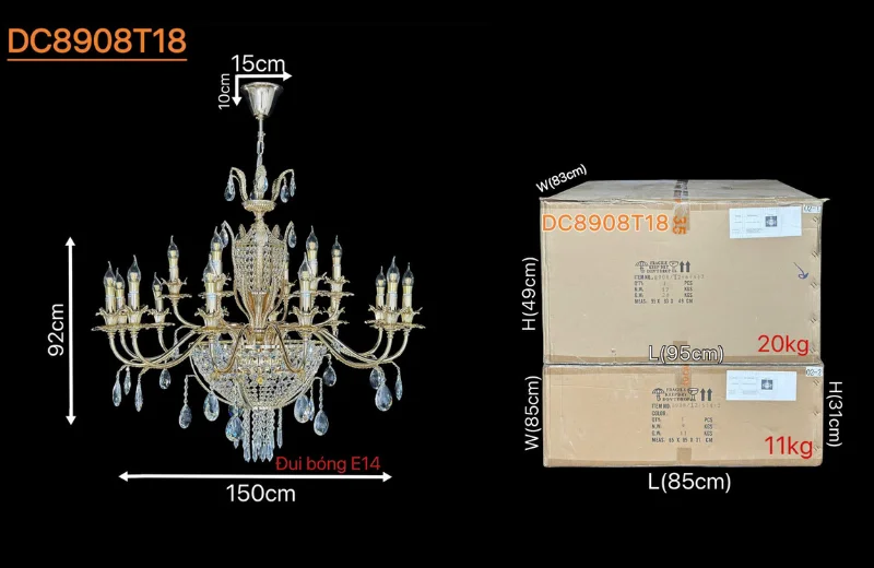 Thông số, kích thước Đèn Chùm Pha Lê DC8908T18