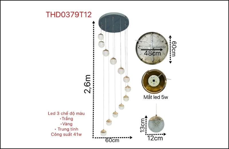 Đèn Thả Hiện Đại THD0379T12 1 Thông số đèn thả hiện đại THD0379T12