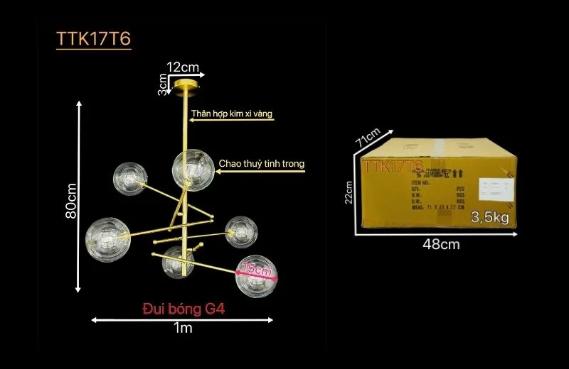 Thông số đèn thả thiết kế TTK17T6VANG