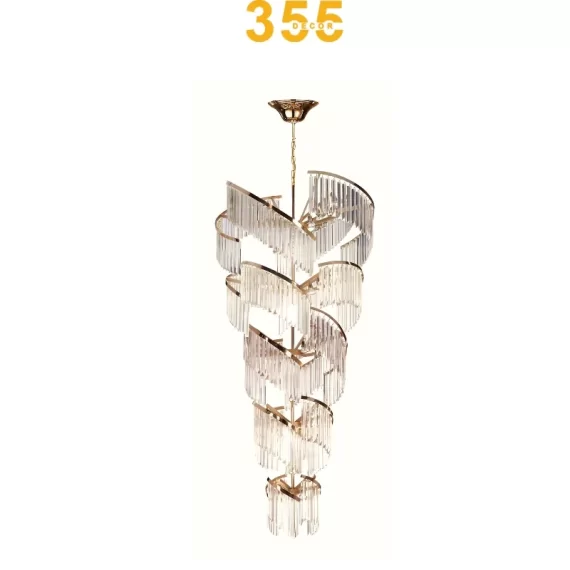 Đèn thả pha lê TPL17 thiết kế xoắn ốc bất đối xứng độc đáo trên nền trắng.