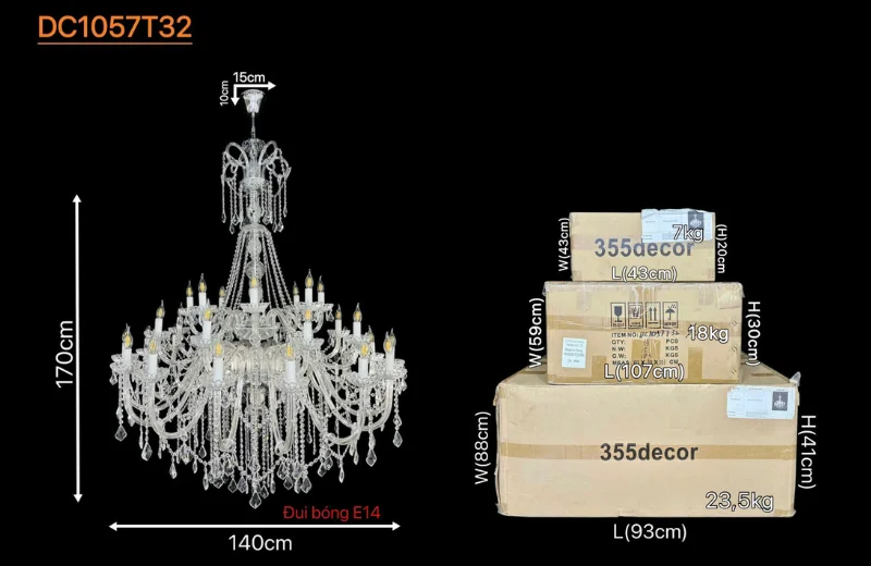 Kích thước, đóng thùng Đèn Chùm Pha Lê DC1057T32 