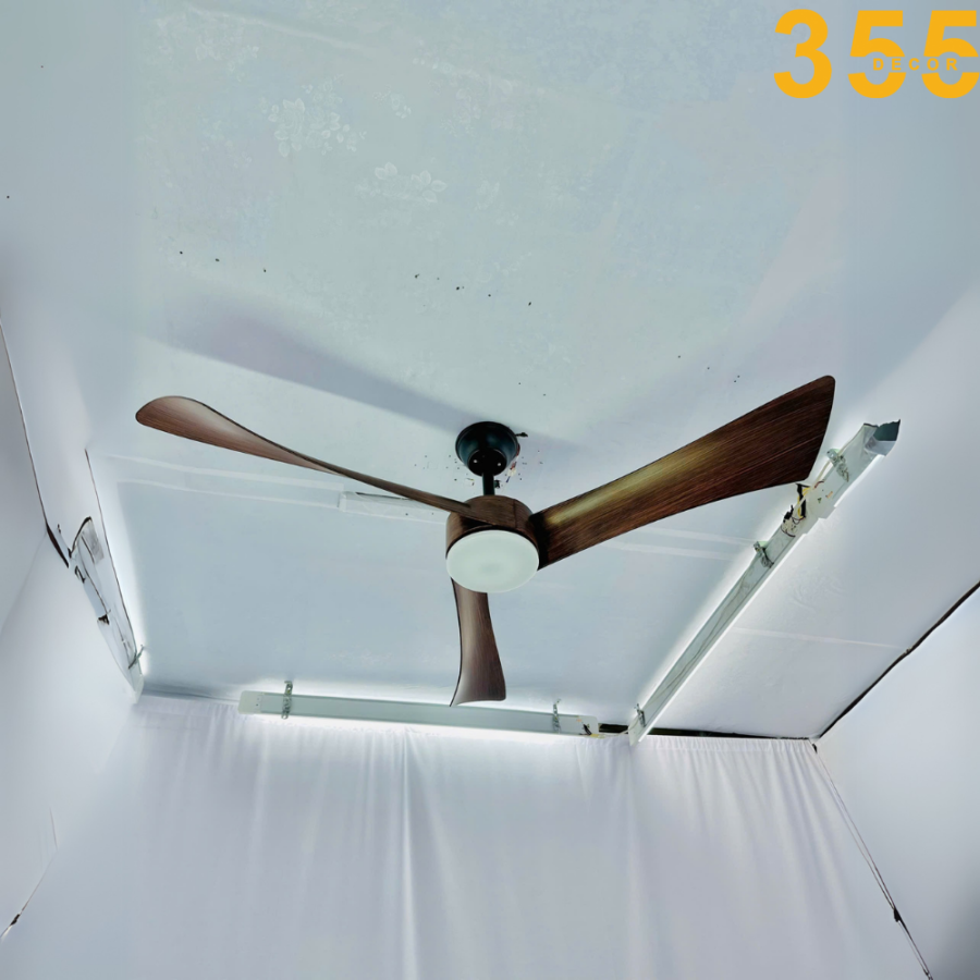 quạt trần đèn cánh nhựa vân gỗ phòng khách qt53 chính hãng 355decor
