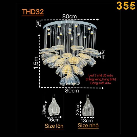 kích thước thực tế đèn thả trần thd32 chính hãng 355decor