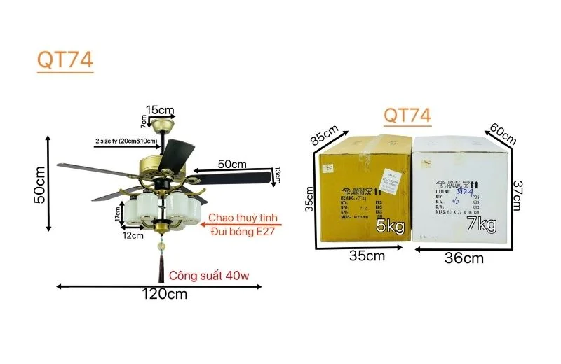 Thông số quạt trần đèn QT74