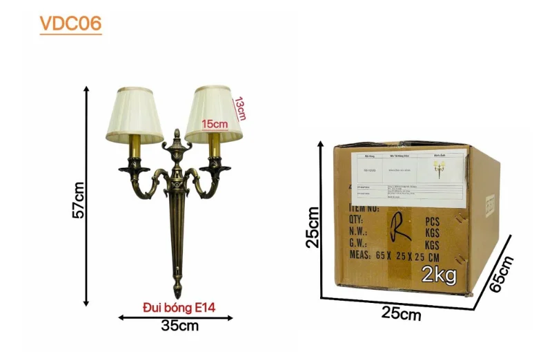 Kích thước Đèn Tường Đồng VDC06