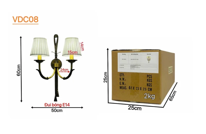 Kích thước Đèn Tường Đồng VDC08