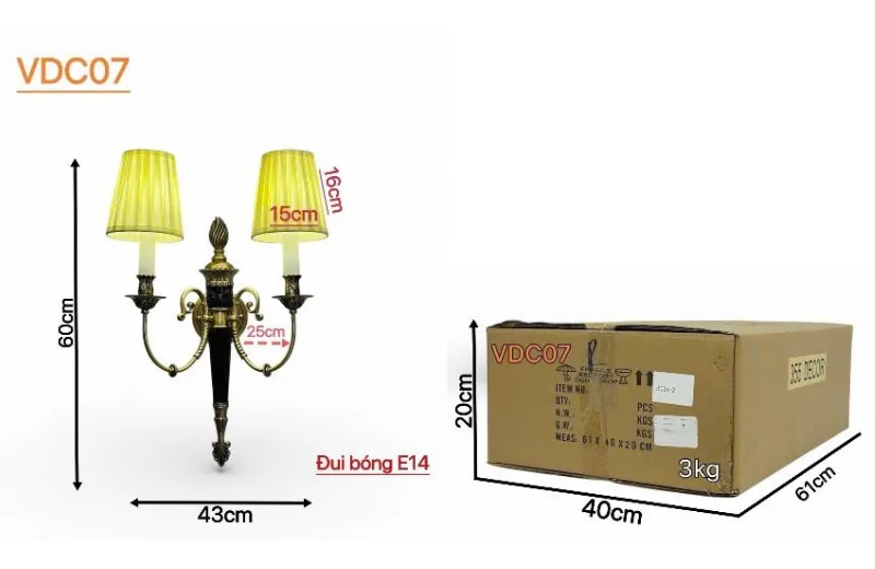 Kích thước Đèn Tường Đồng VDC07