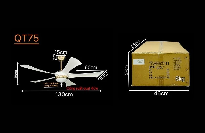 Thông số quạt trần đèn QT75 